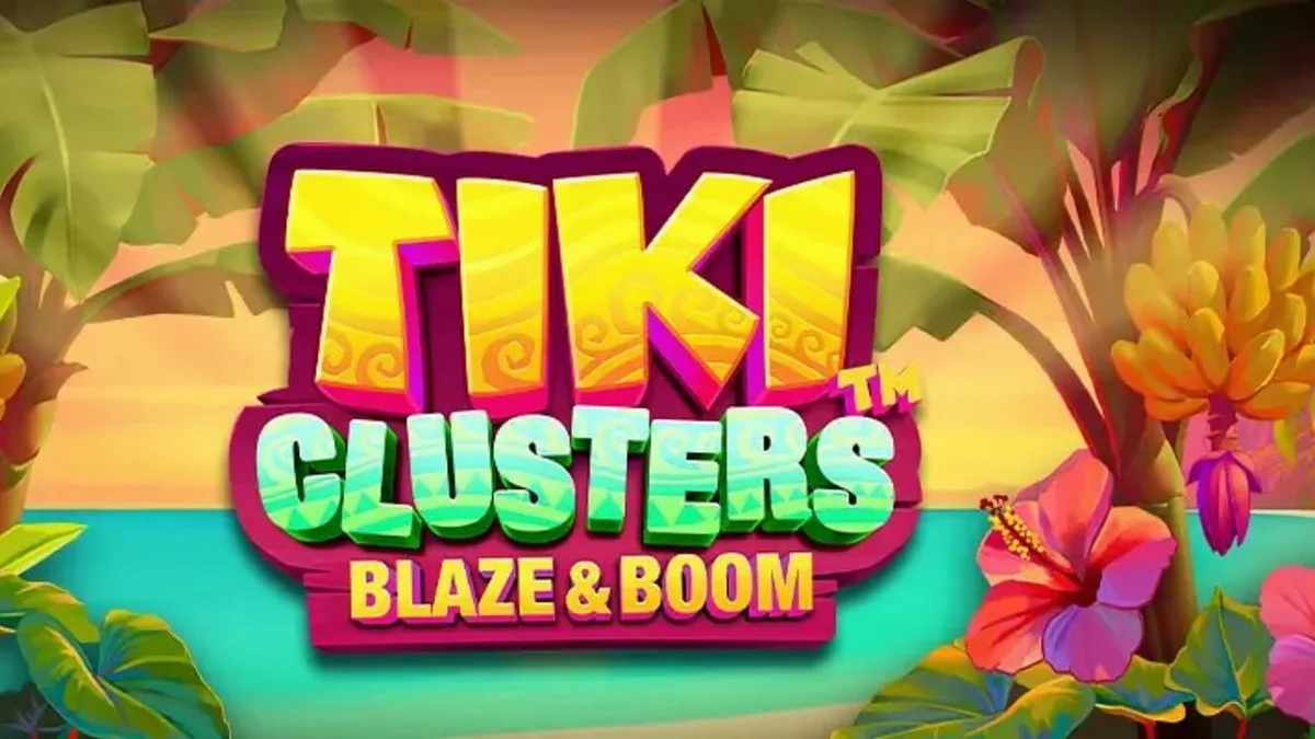 Tiki Clusters Blaze & Boom slot dengan latar belakang hutan tropis dan simbol Tiki yang cerah