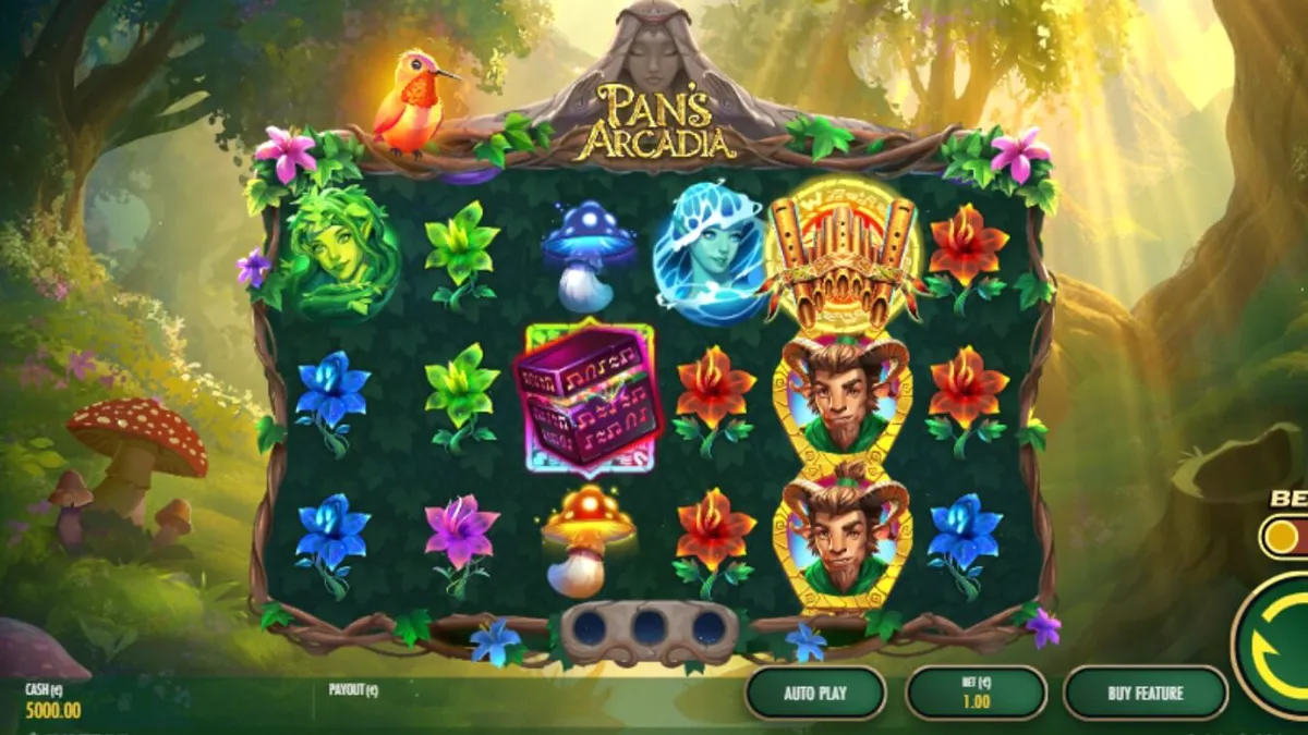 Pemandangan hutan mitologi Yunani dalam slot Pan's Arcadia