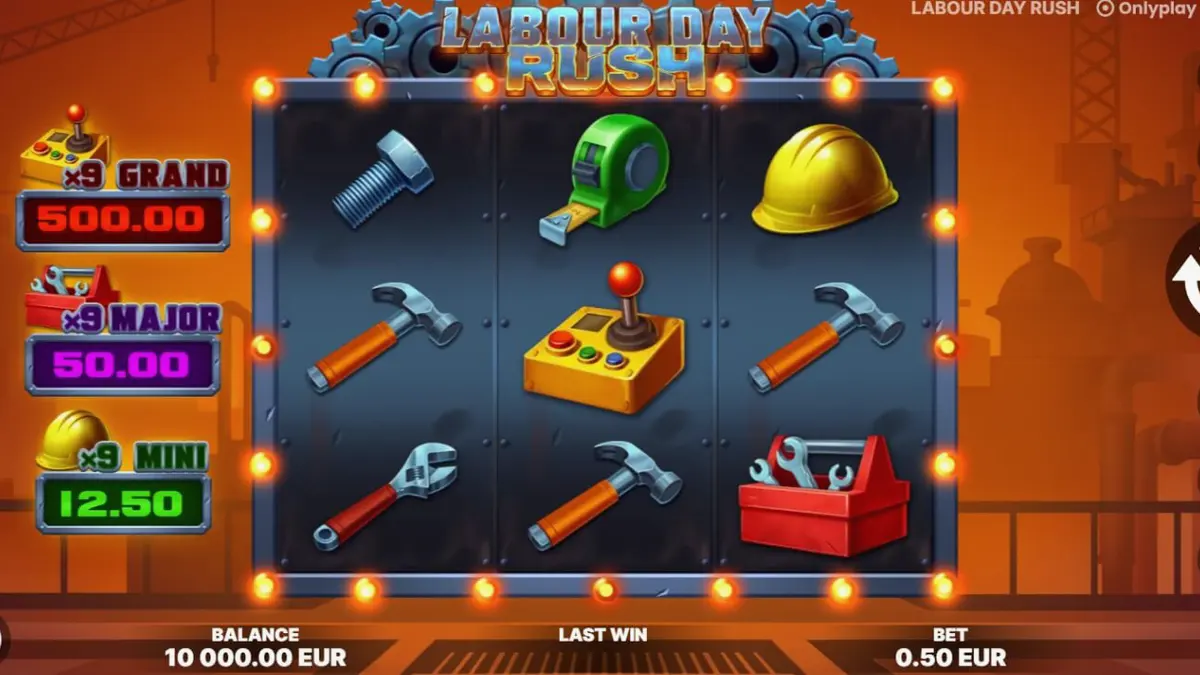 Tampilan antarmuka slot Labour Day Rush dengan simbol peralatan industri